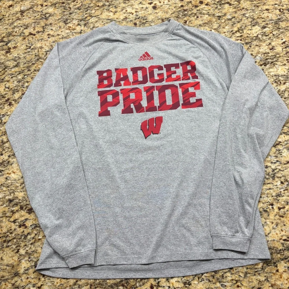 Adidas Wisconsin Badgers Pride Climalite Long Sleeve Shirt Mens Medium Gray ws